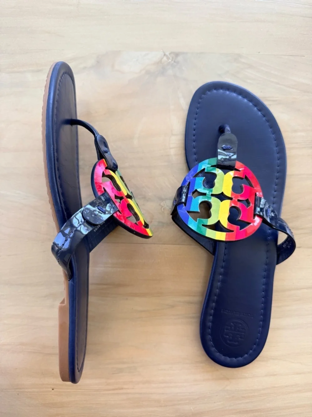Rare TORY BURCH Blue Sandals with Rainbow Logo Medallions- Pride Sz 9.5